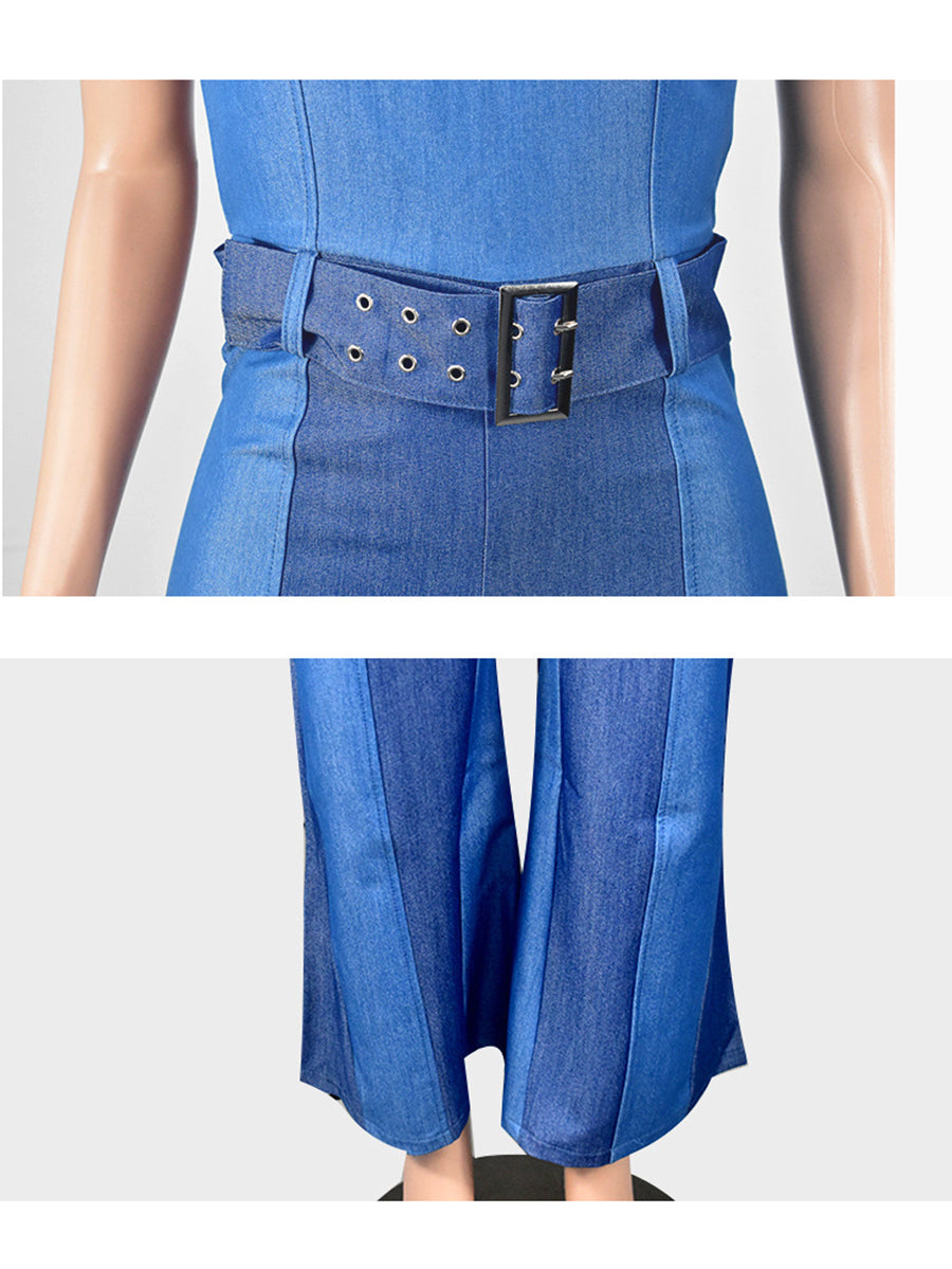 Colorblock Denim Patchwork Bandage Jumpsuit