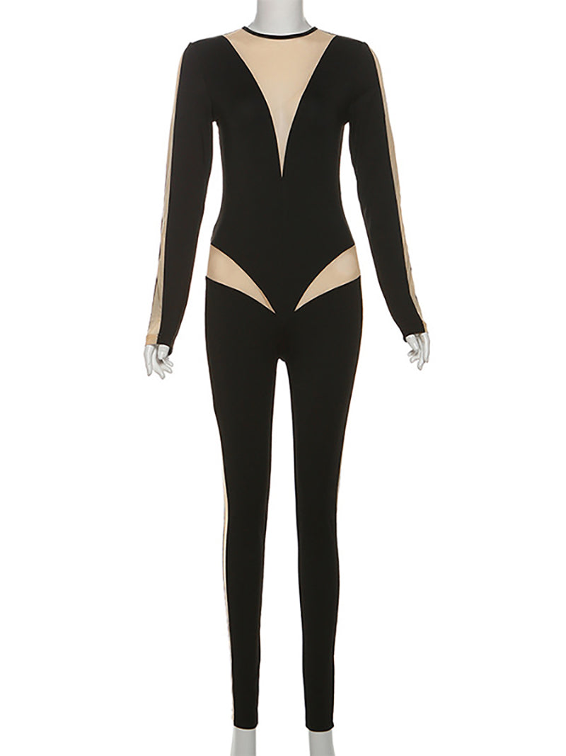 Round Neck Colorblock Slim Jumpsuit