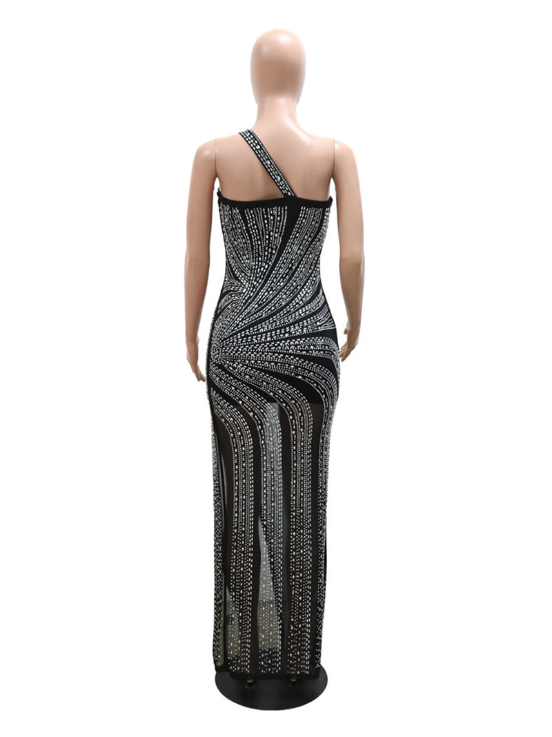 Sexy One-Shoulder Rhinestone Decor High Slit Maxi Dress