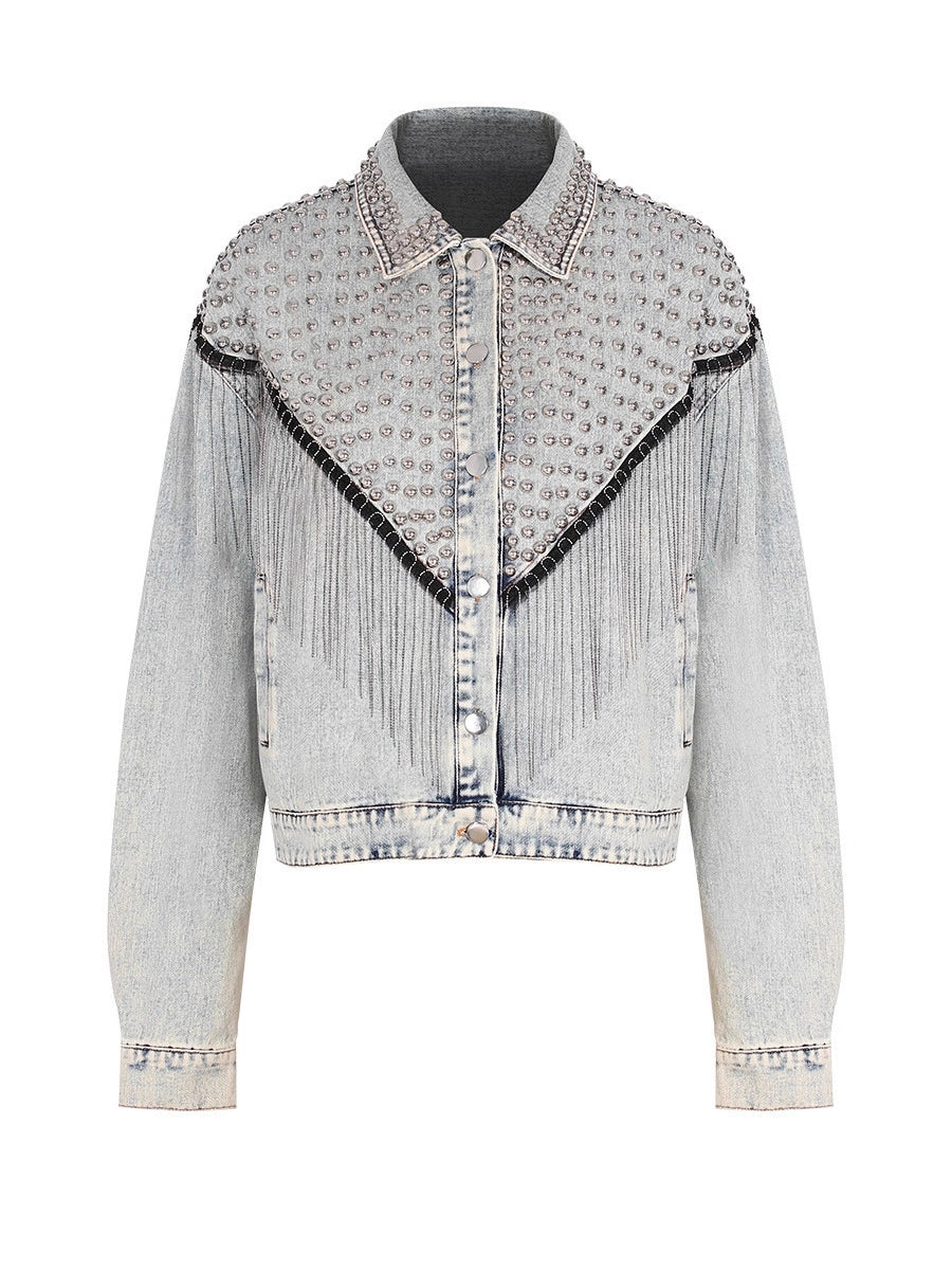 Chic Edge Studded Fringe Embellished Denim Jacket