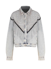 Chic Edge Studded Fringe Embellished Denim Jacket