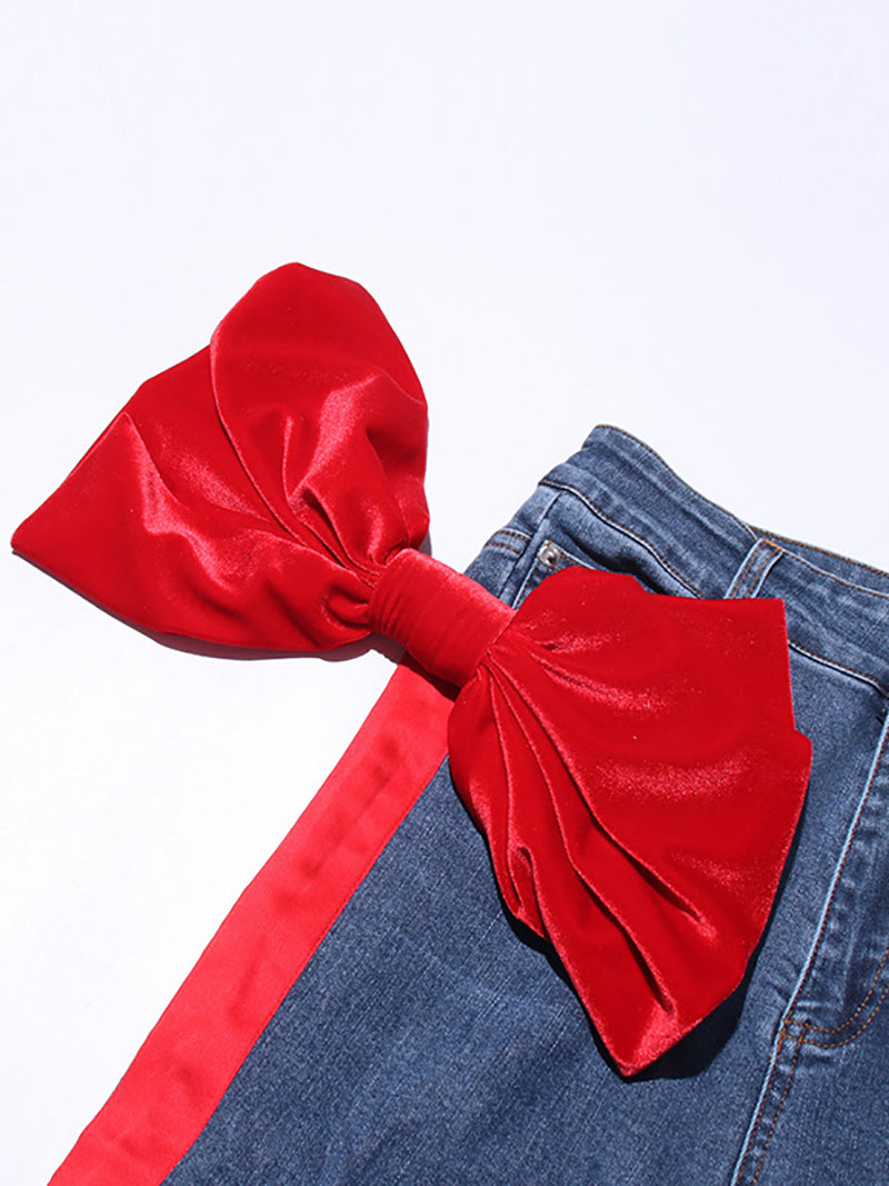 Fashion Contrast Side Bow High Waist Straight Jeans