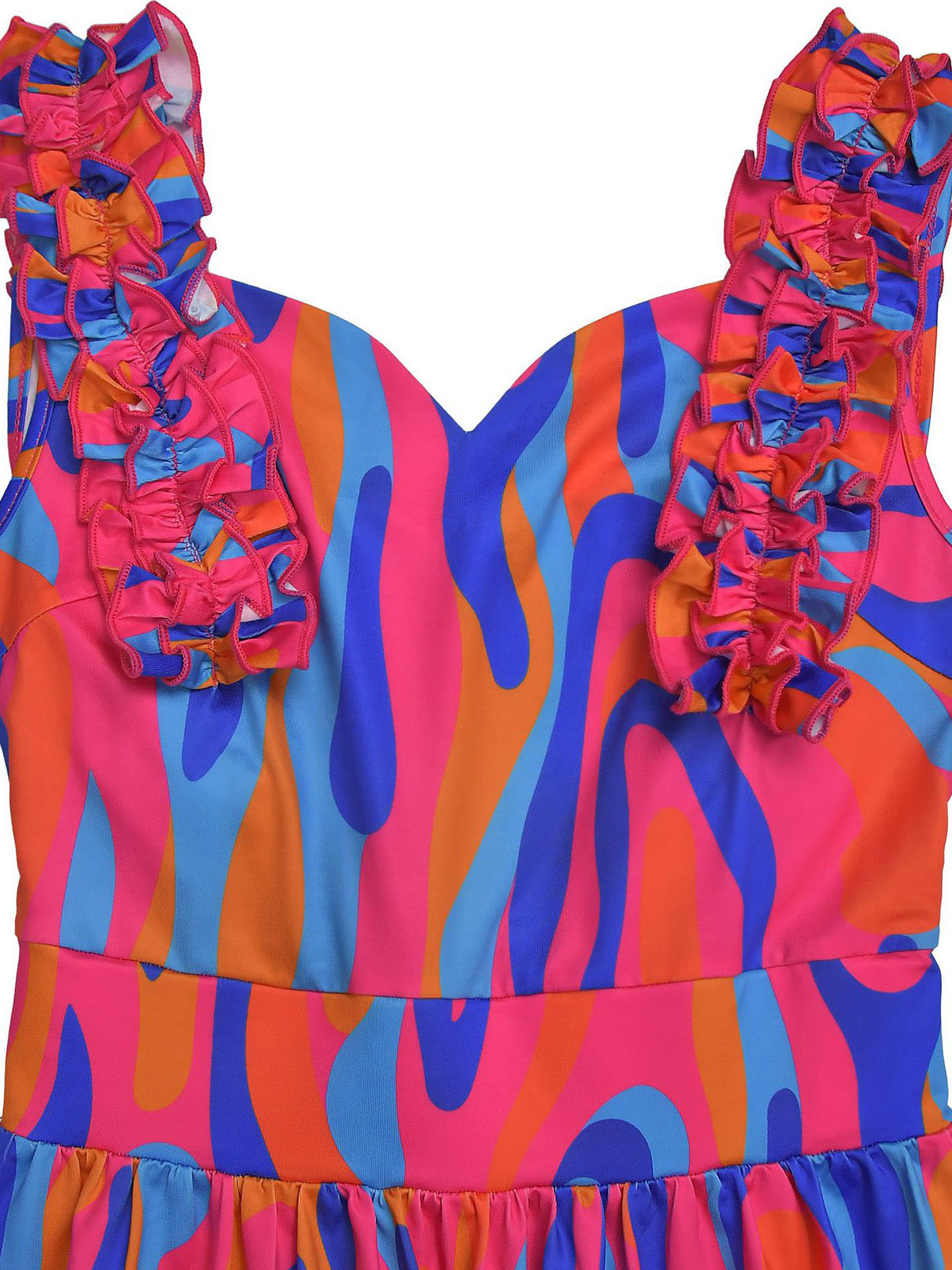 Elegant Print V Neck Ruffled Contrast Color Maxi Dress