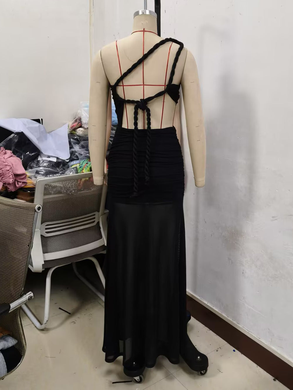 Sexy Single Shoulder Backless Sheer Mesh Maxi Dress