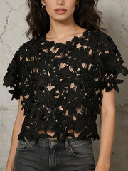 Fashion Solid Hollow Out Floral Patchwork Short Sleeve Shirt