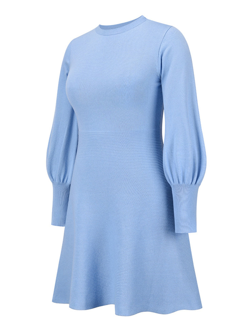 Solid Round Neck Lantern Sleeve Sweater Dress