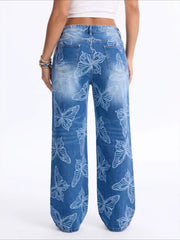 Butterfly Print High Waist Wide Leg Jeans