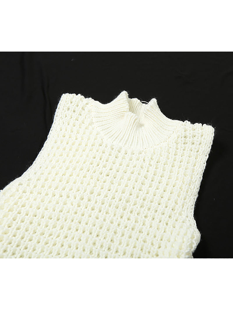 Sexy Sleeveless Fringe Hem Open Knit Sweater Dress
