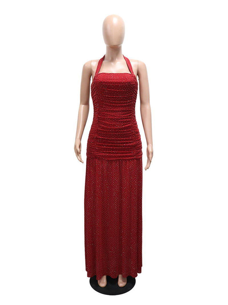 Elegant Rhinestones Halter Maxi Dress