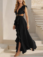 Sexy V-neck Cutout Ruffle Maxi Dress