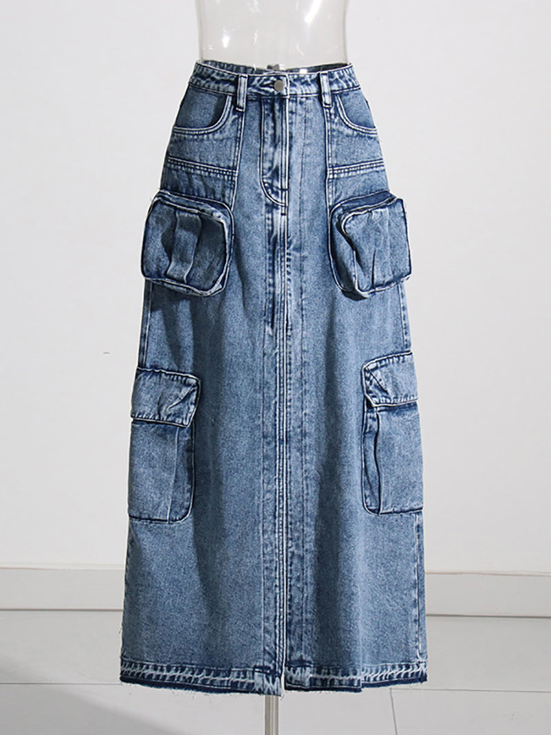 Fashion High Waist Front Slit Denim Skirt