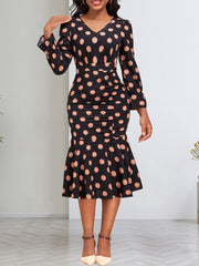 Elegant Polka Dots Ruched Ruffle Hem Mermaid Pencil Midi Dresses