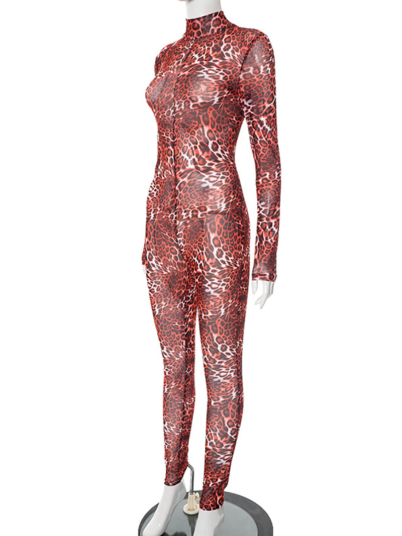 Sexy Leopard Print Mesh Backless Tight Jumpsuit