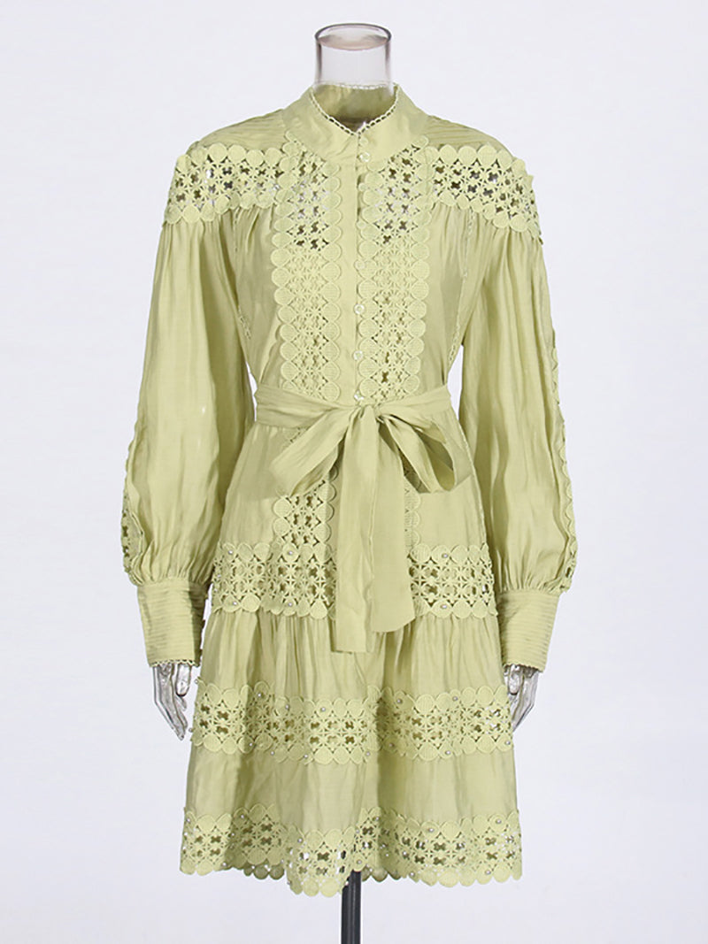 Elegant Embroider Hollow out Lace-up Midi Dress