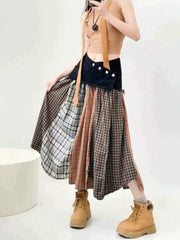 Plaid Panel Denim Midi Skirt