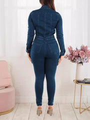 Denim Button Front Long Sleeve Jumpsuit