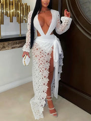 Sexy Lace Patchwork Deep V Cutout High Slit Maxi Dress