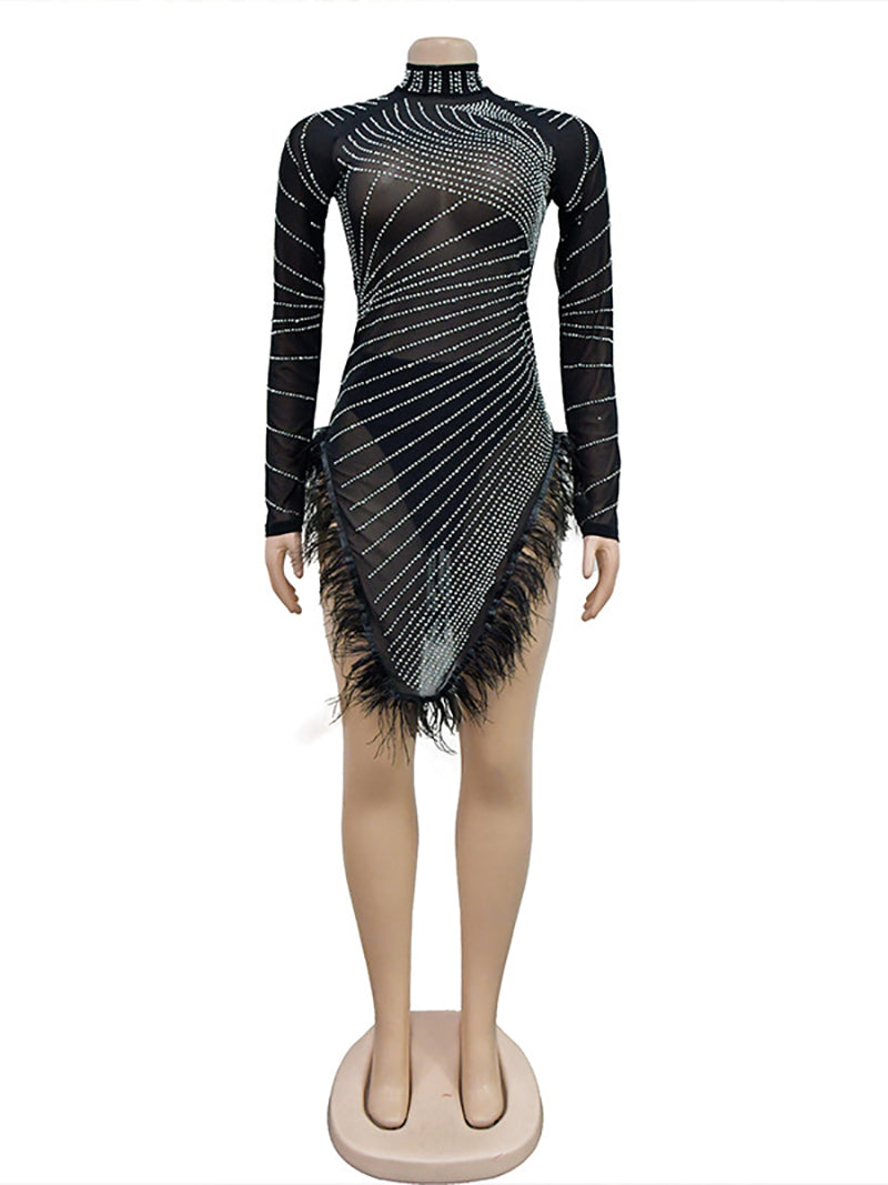 Sexy Mesh See-through Rhinestone Feather Mini Dress