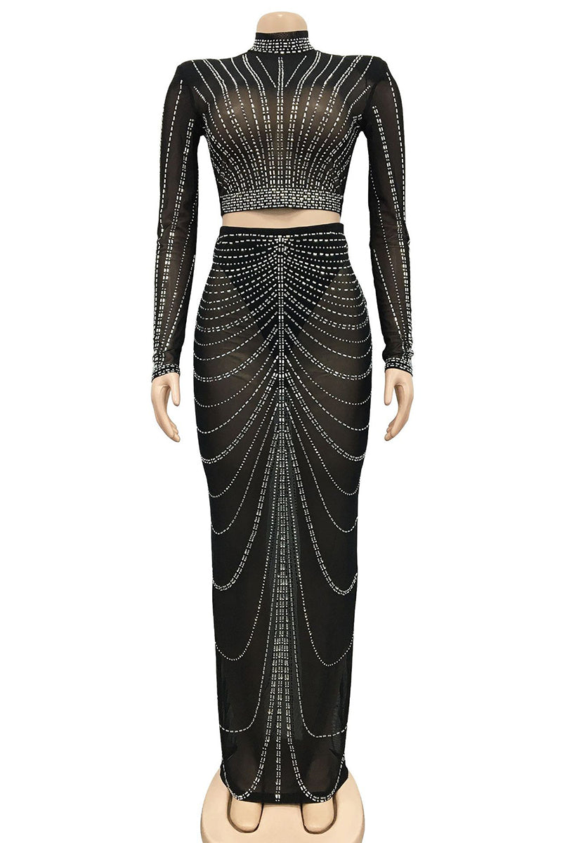 Sexy Rhinestone Sheer Mesh Skirt Club Sets
