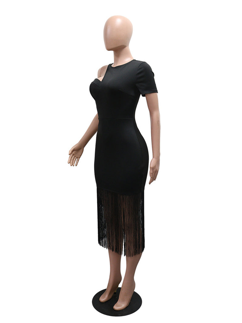 Elegant Cut out Tassel Patchwork Bodycon Midi Dress