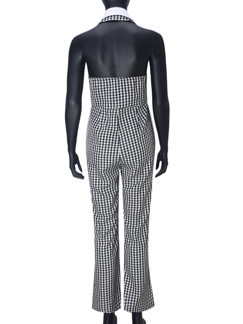 Fashion Plaid Lapel Backless Halter Jumpsuit