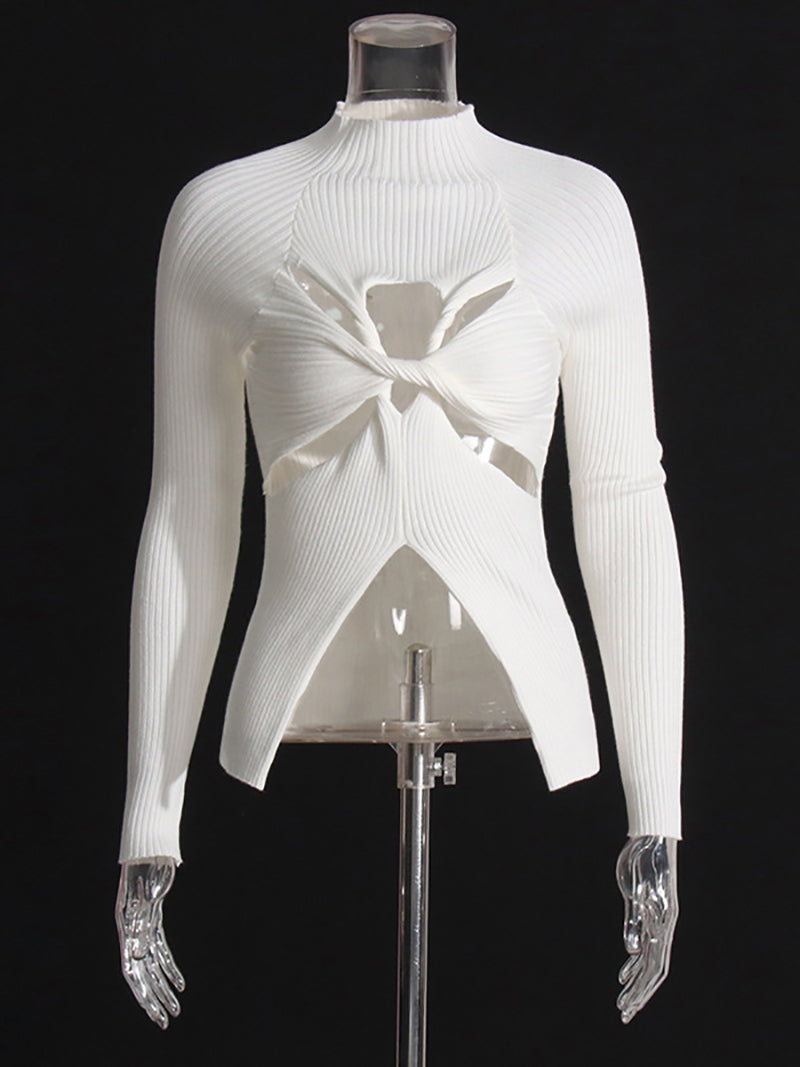Fashion Round Neck Crisscross Hollow Out Knit Sweater