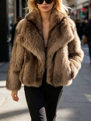 Wide Collar Striped Faux Fur Jacket