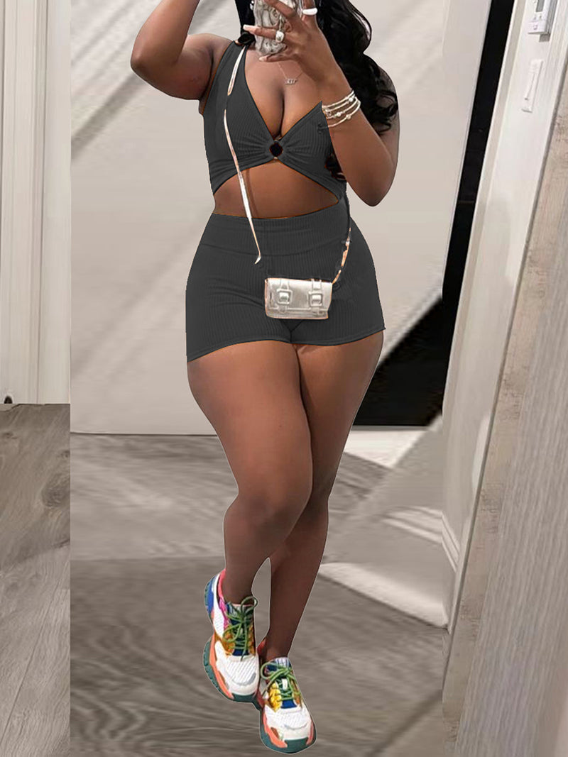 Sexy Knit Ribbed Tank Tops Shorts Two Pieces Sets
