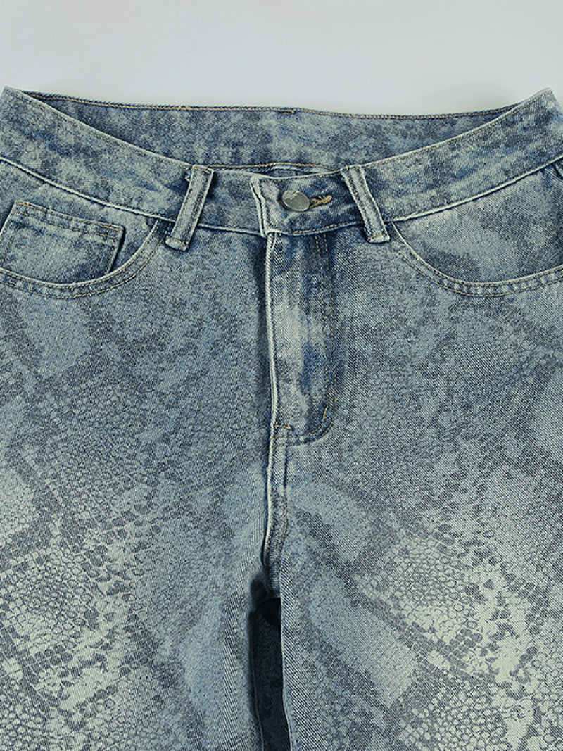 Fashion Snake Print Straight Leg Casual Jeans