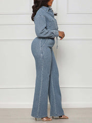 Casual Denim Drawstring Top and Pants 2 Piece Set