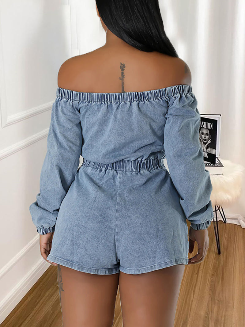 Fashion Off Shoulder Elastic Waist Denim Romper