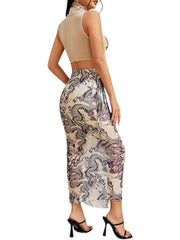 Dragon Pattern Lettuce Trim Crop Top and Skirt Set