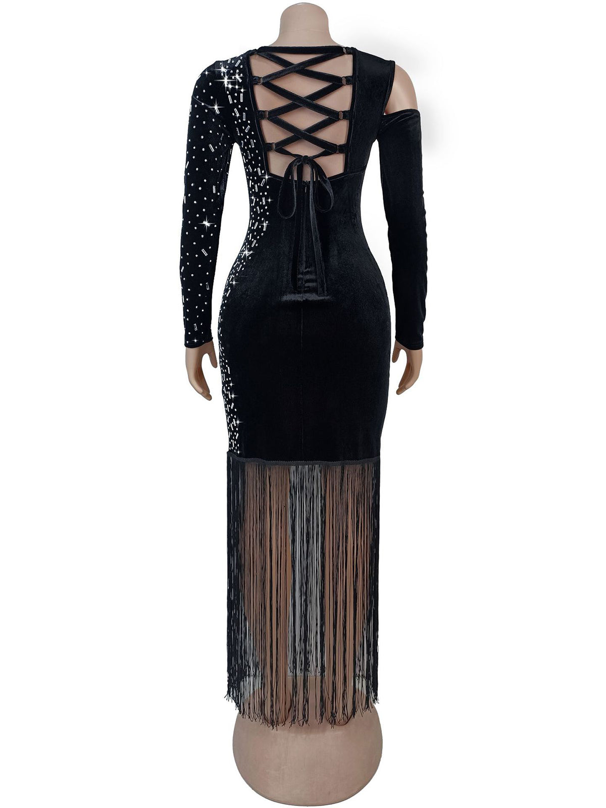 Fashion Rhinestone Decor Fringe Asymmetry Bodycon Dress