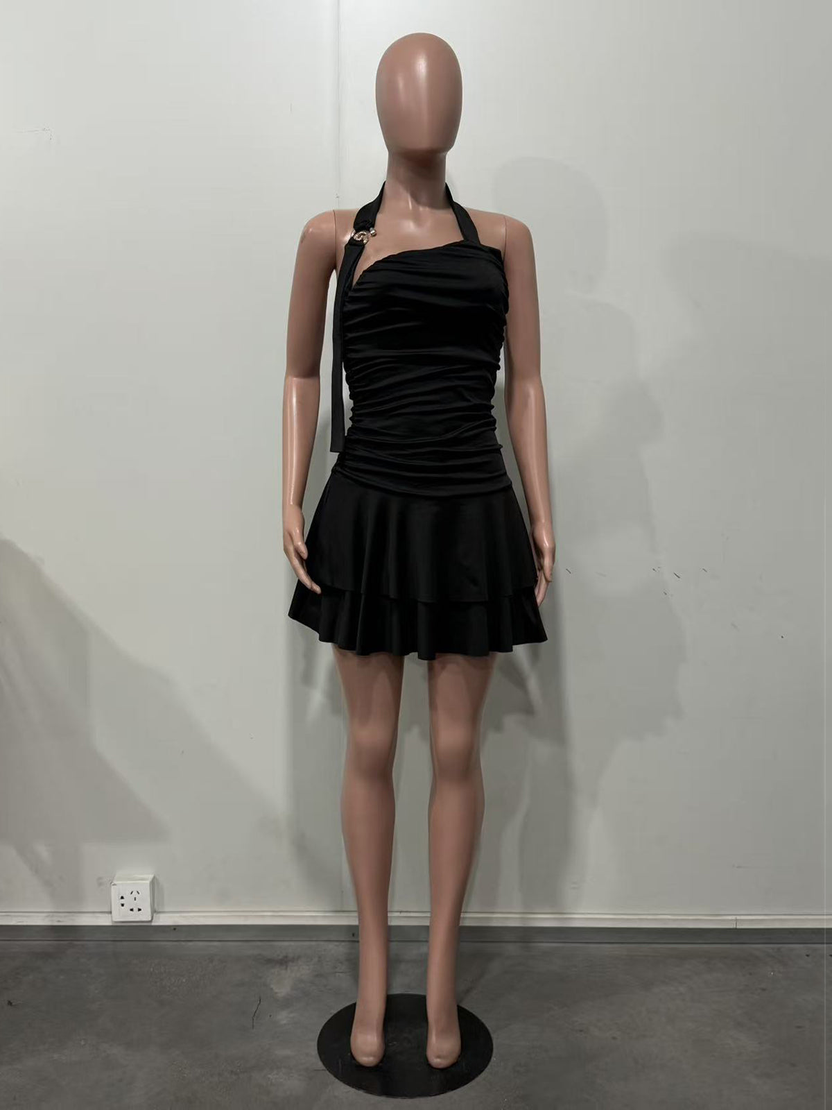 Sexy Halter Backless Asymmetrical Ruched Mini Dress