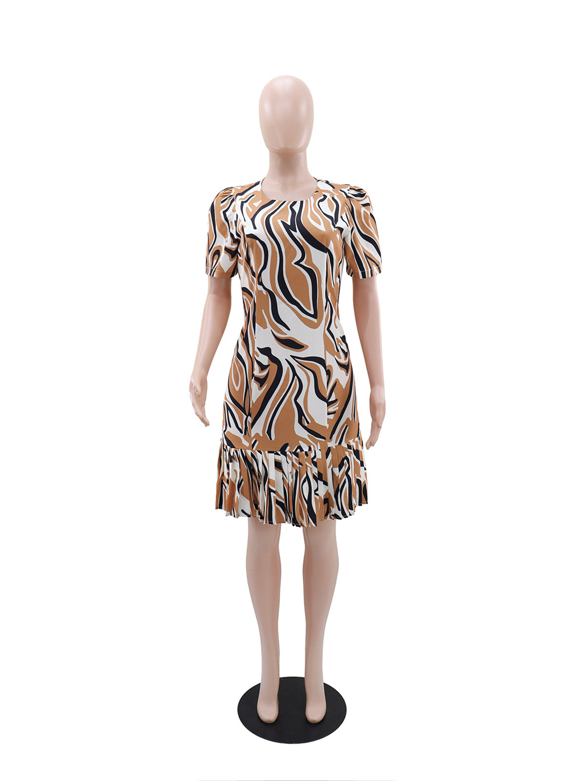 Casual Round Neck Print Slim Pleated Midi Dress