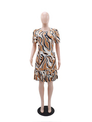 Casual Round Neck Print Slim Pleated Midi Dress