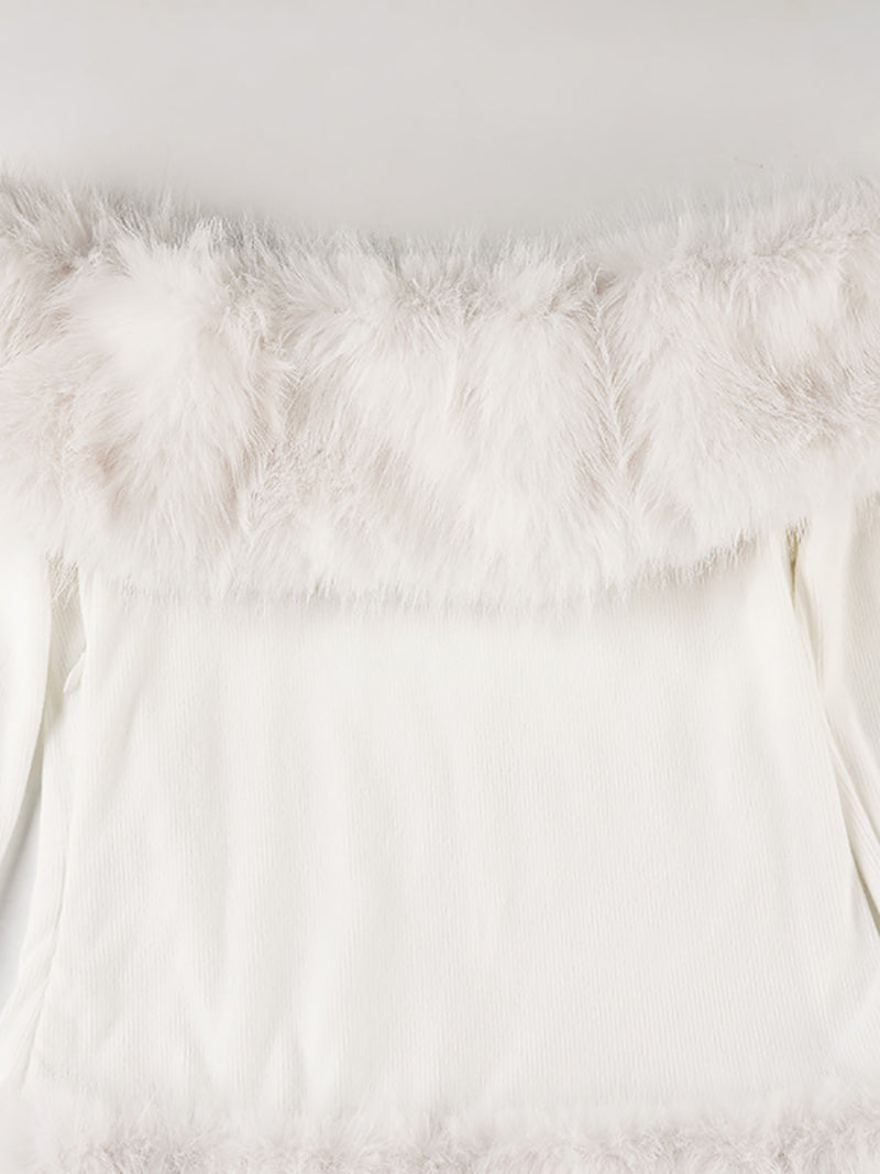 Sexy Off Shoulder Long Sleeve Fluffy Mini Dress