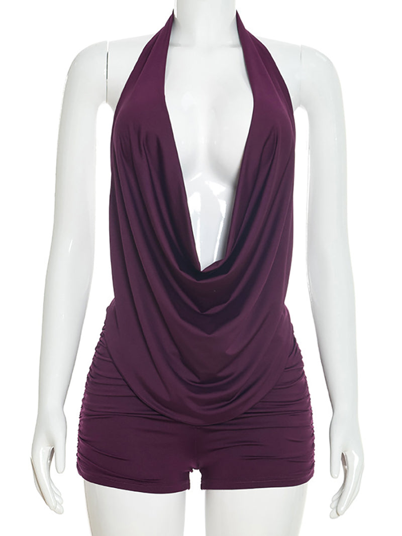 Sexy Halter Backless Lace-Up Ruched Top And Shorts Two Piece Set