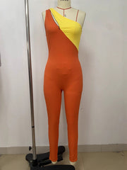 Sexy Patchwork Hollow Out One Shoulder Tight Jumpsuit