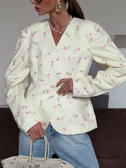 Fashion V Neck Floral Print Blazer