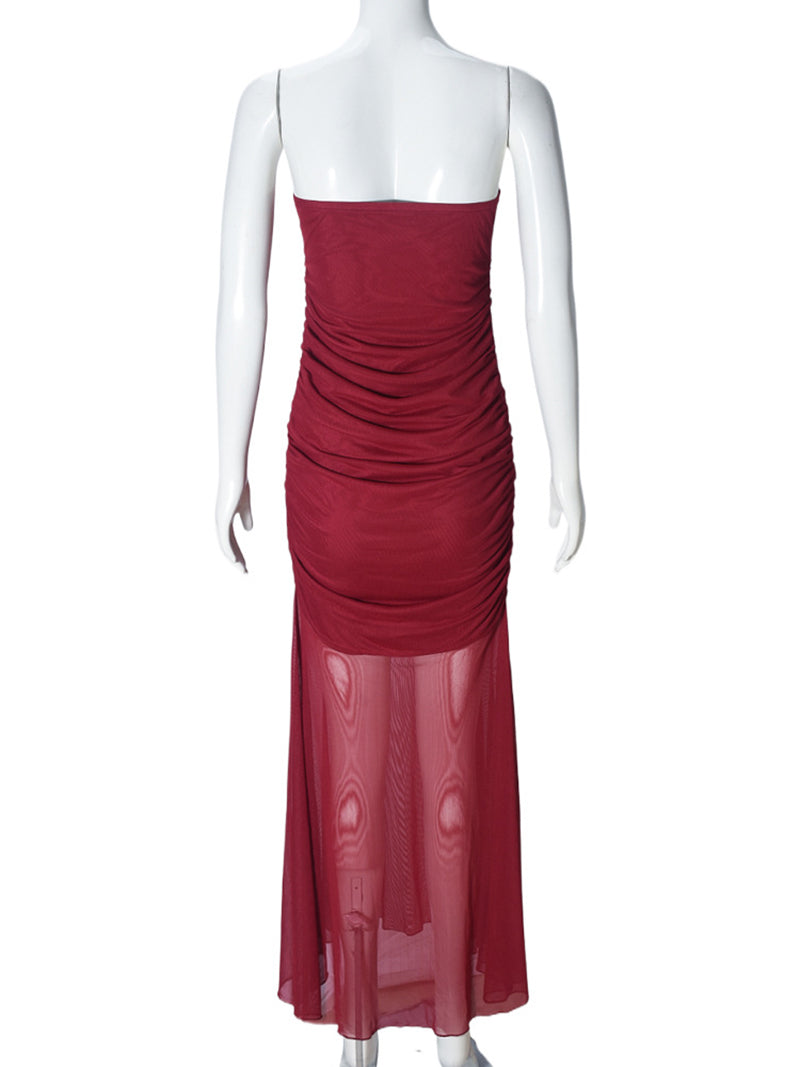 Fashion Ruched Mesh Strapless Maxi Dress