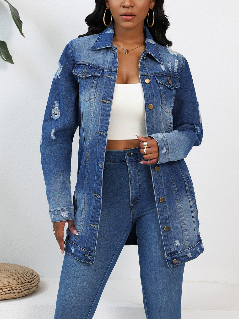 Long Sleeve Lapel Button Ripped Denim Jackets