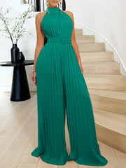 Solid Color O Neck With Belt Pleated Loose Jumpsuits