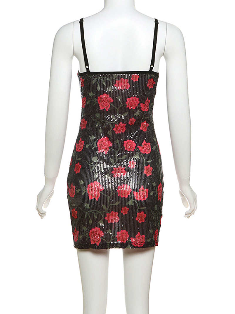 Sexy Rose Print Sequin  Suspender Mini Dress