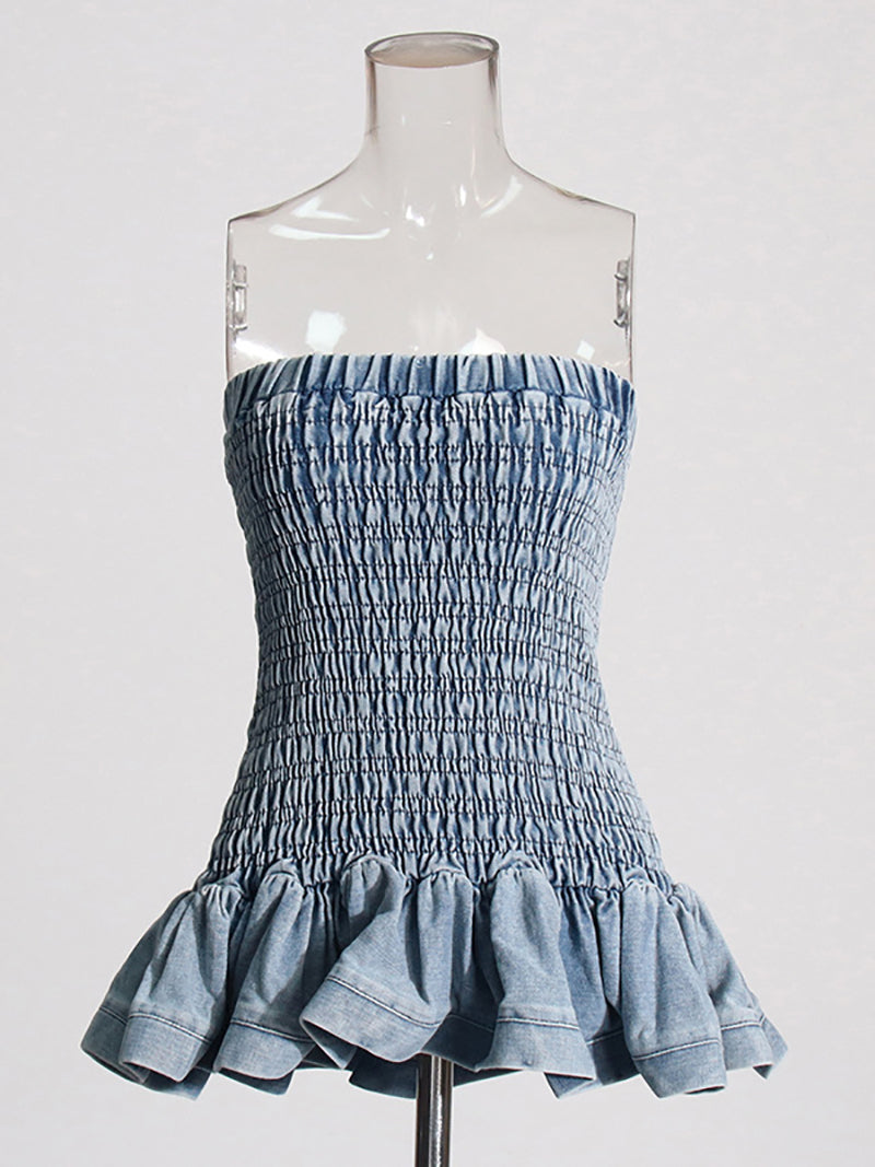 Fashion Patchwork Ruched Strapless Denim Dress