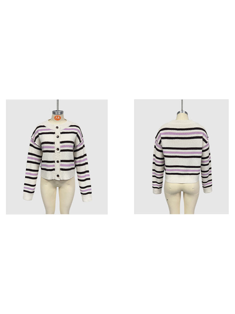 Casual Striped Button-Up Cropped Cardigan