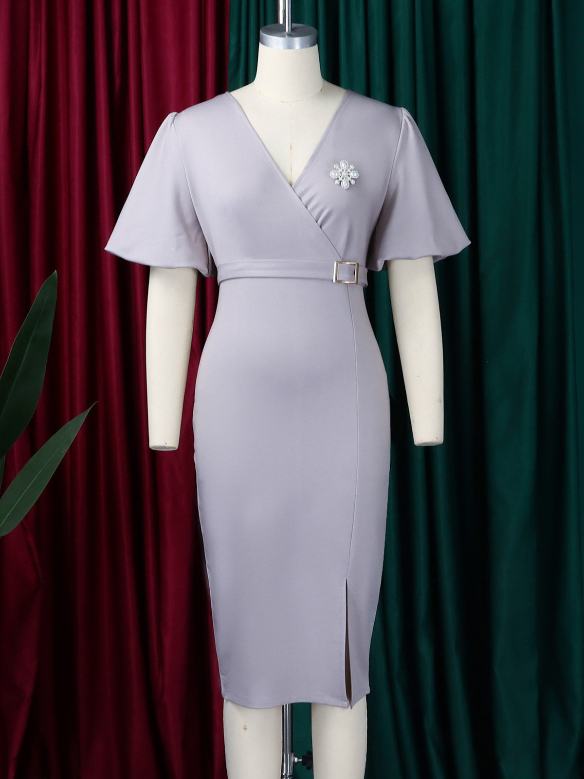 Fashion V-Neck Lantern Sleeve Bodycon Slit Dress