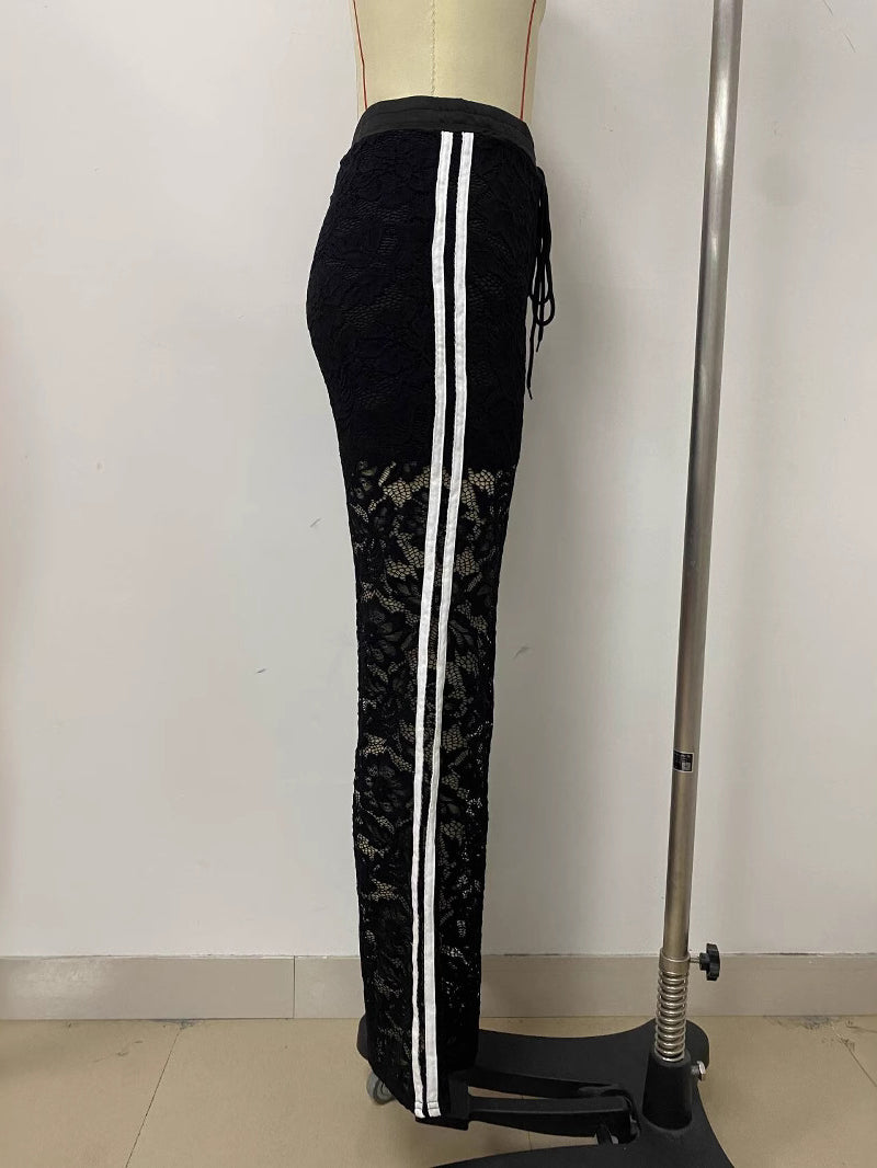 Casual Lace Patchwork Stripe Straight Pants
