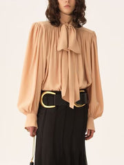 Casual Ruched Tie Neck Blouse