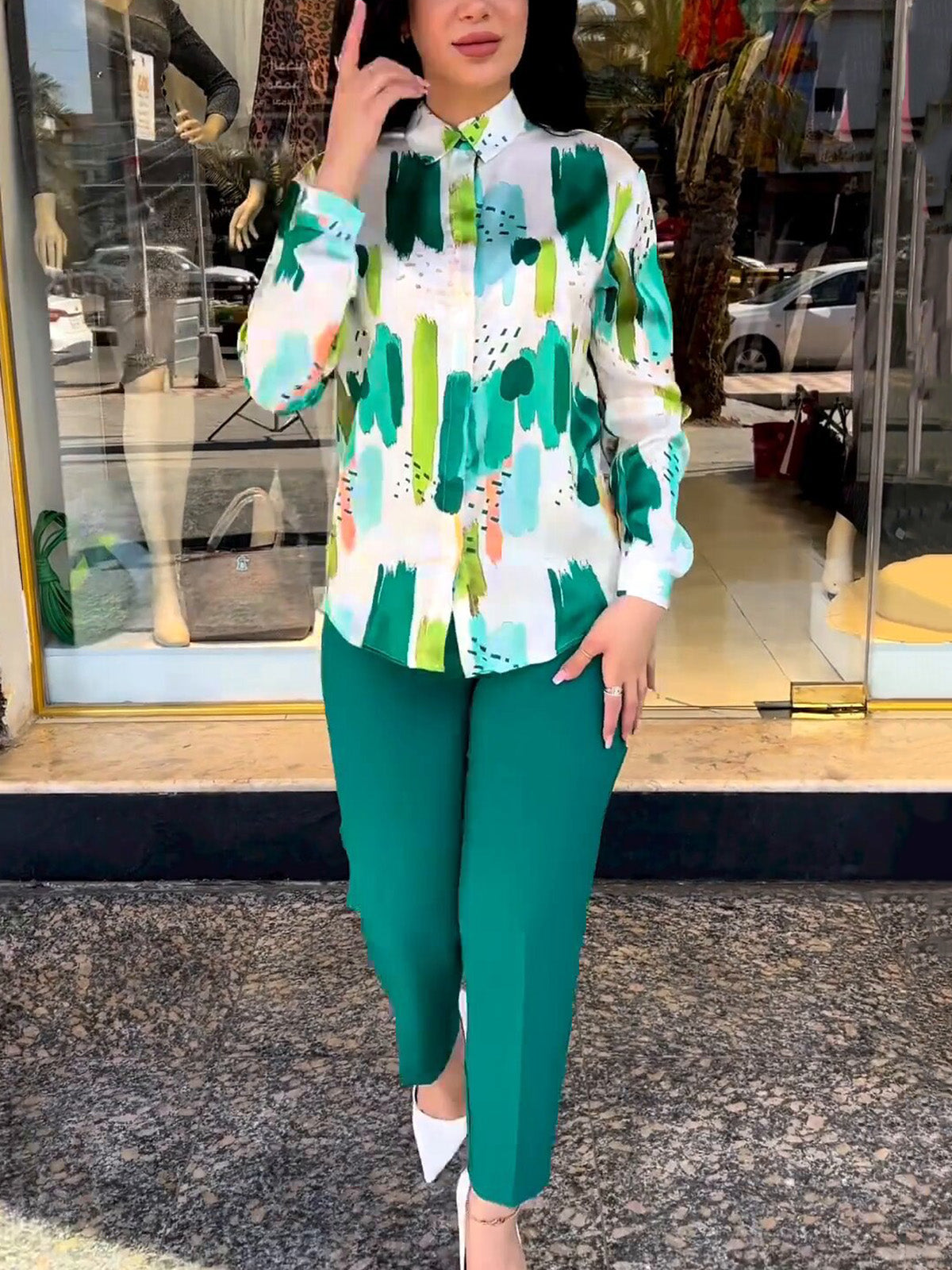 Elegant Print Long Sleeve Shirt And Pants Sets